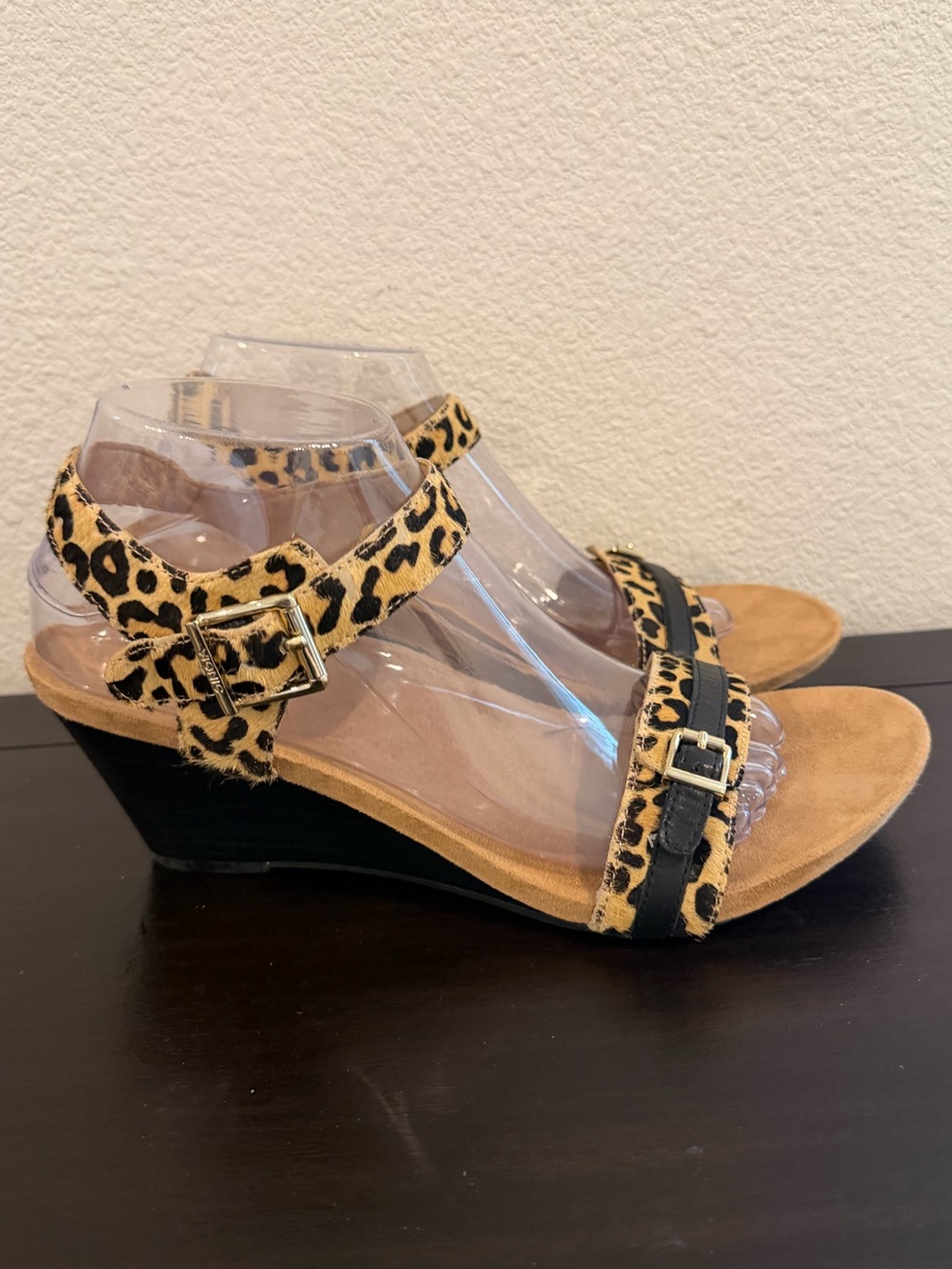 Vionic Orthotic Haircalf Leopard Print Ankle-Strap Wedge Sandals - Women 9.5